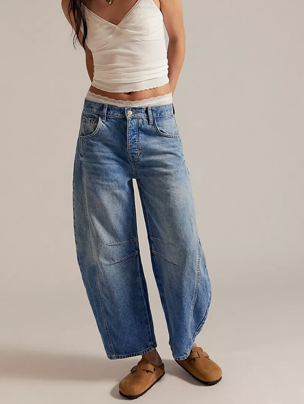 We The Free by Free People Good Luck Blue Denim Barrel Horseshoe Jeans Size 30